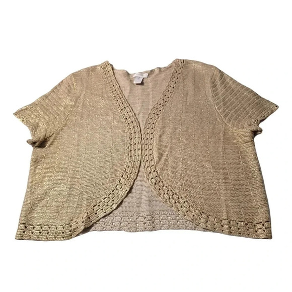 Chico's  size 2 cream gold crochet tight knit cropped sweater cardigan women's - Picture 6 of 10